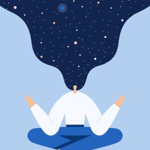 Woman sitting in yoga lotus pose. Modern cartoon female character doing asana and meditate. Night starry sky and moon in hair, space exploring, universal harmony. Vector flat illustration.